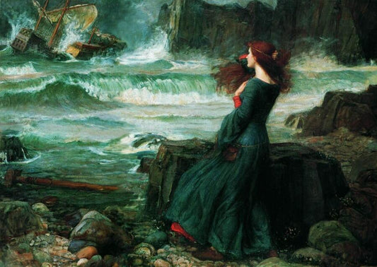 Woman in dark green gown with red accents on rocky shore, Pre-Raphaelite style