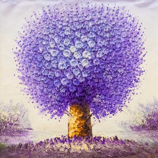 Vibrant purple impasto tree with golden-brown trunk symbolizing art