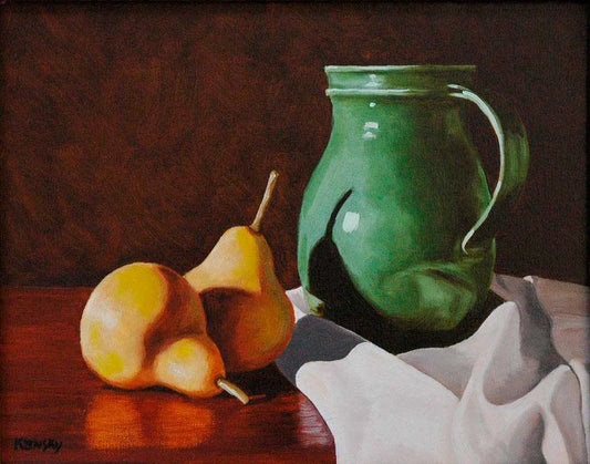 Glossy green ceramic pitcher and golden pears with light and shadow volume on wood