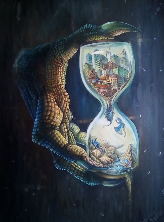 Surreal dragon hand cradles hourglass of utopian cityscapes and creatures