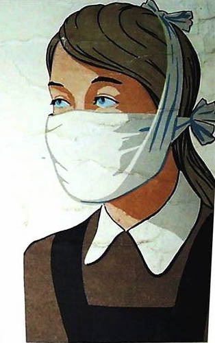 White textured surgical mask with blue ribbon ties as facial art alternative