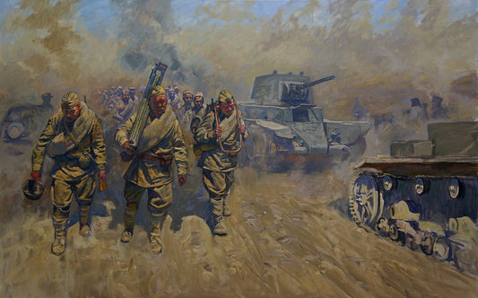 Grayish-green armored tank in historical painting influencing art.