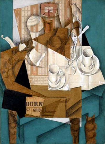 Cubist fragmented still life of white teacups, saucers in brown, black, teal shapes