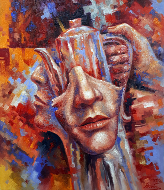 Abstract painting of hand holding reflective metallic teapot with curved spout