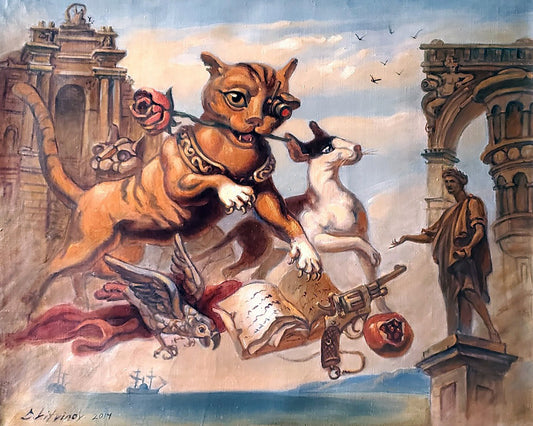 Muscular orange tabby cat in golden armor leaps over book in mythology scene