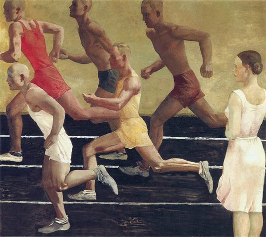 Dynamic painting of athletes sprinting on track, observed by woman in pink dress