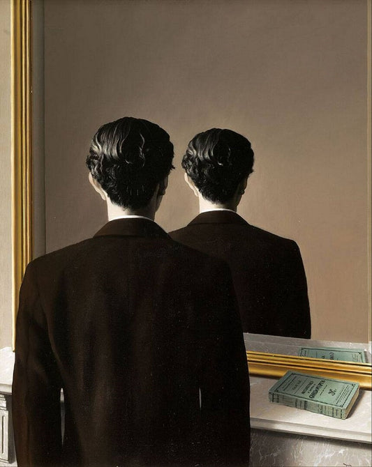 Man in dark brown suit before ornate gold-framed mirror in mystical art