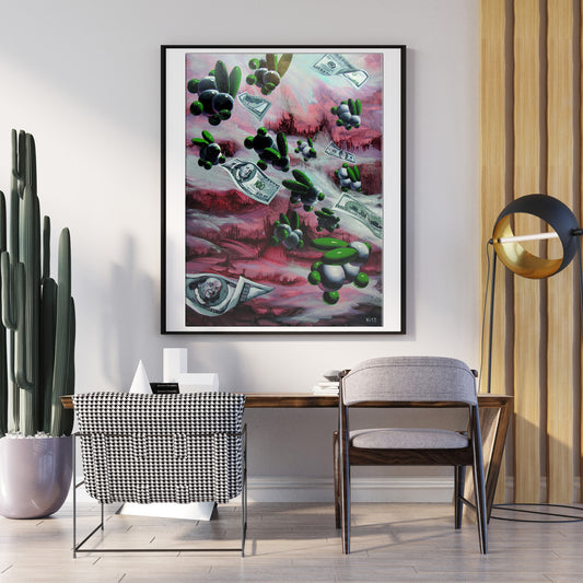 Framed abstract art of green black cactus figures, falling dollars on pink gray background