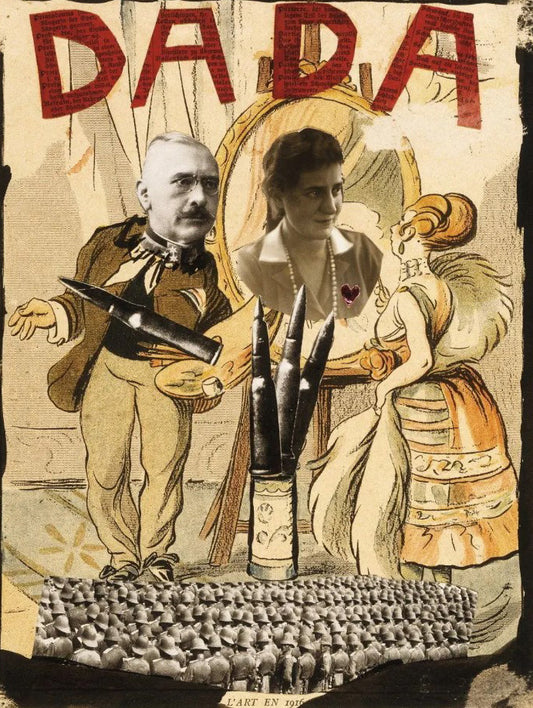 Vintage Dadaist poster with bold red lettering, figures and artillery shells