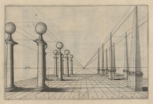 Detailed black-and-white perspective drawing of classical columns and obelisks