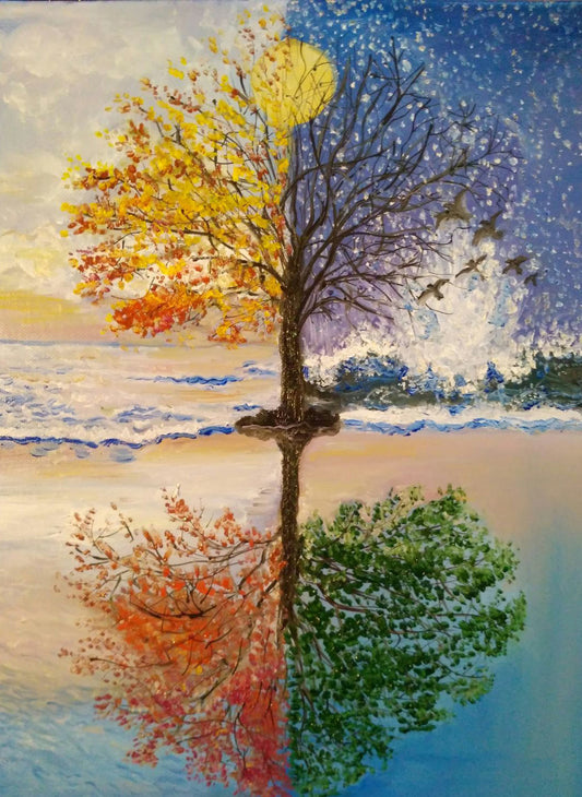 Vibrant split-season tree painting: autumn colors meet winter snow