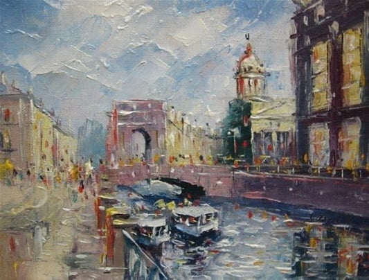 Impressionistic city canal with boats, archway under textured sky