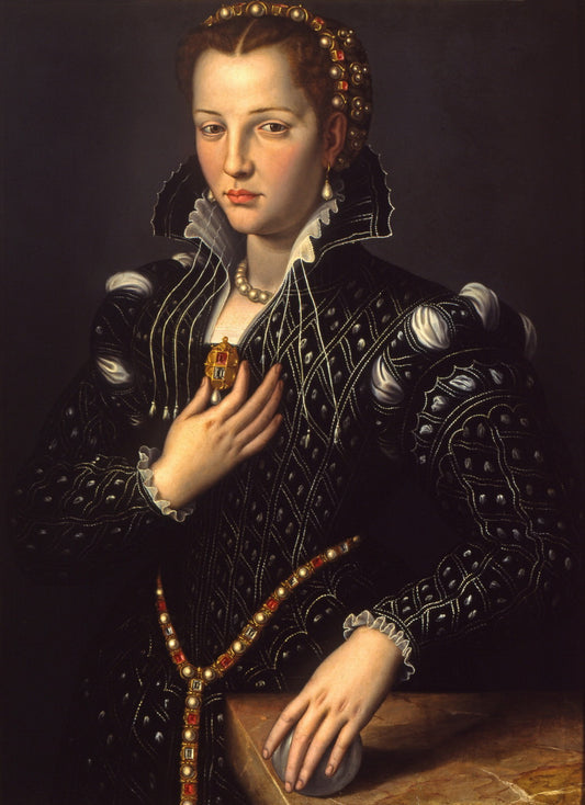 Bronzino’s mysterious portrait of woman in ornate black pearl gown