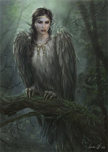 Mystical winged humanoid with dark feathers on mossy branch in mythological art