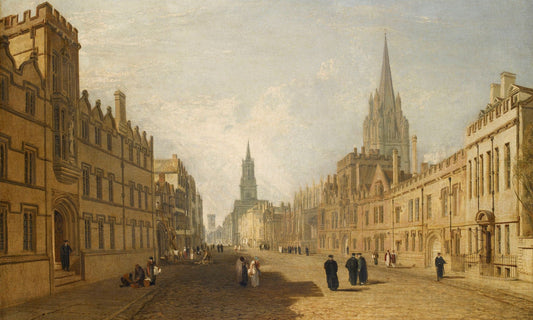 Historic street scene painting showing stone buildings and distant spire influencing urban space