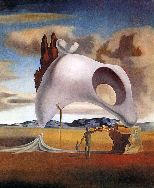 Surreal white amorphous sculpture with heart protrusion in otherworldly landscape