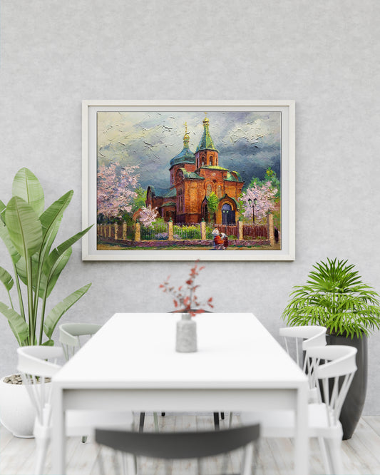 Framed painting of church with green domes, pink blossoms in Harmony of Contradictions