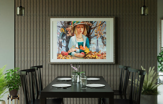Framed painting of woman in blue dress amid autumn leaves in gallery display