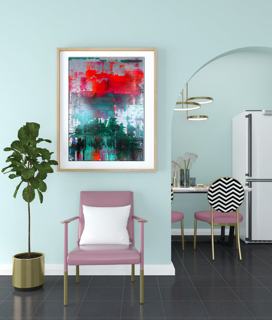Pink upholstered armchair with gold legs and white cushion in abstraction art interior
