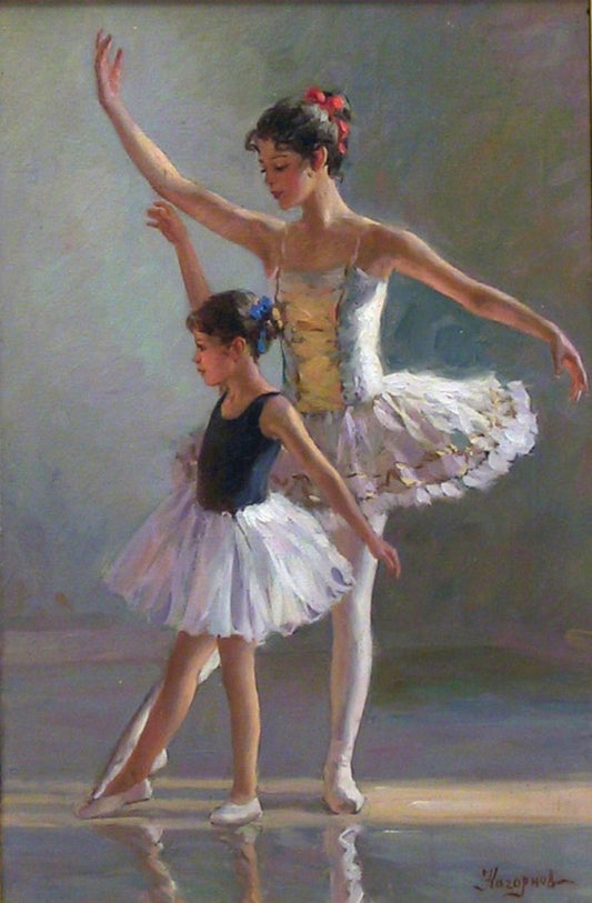 Impressionistic oil painting of two ballerinas in white tutus on reflective stage