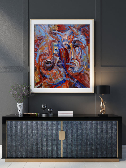 Vibrant abstract painting on non-standard surface in white frame with bold red blue orange faces