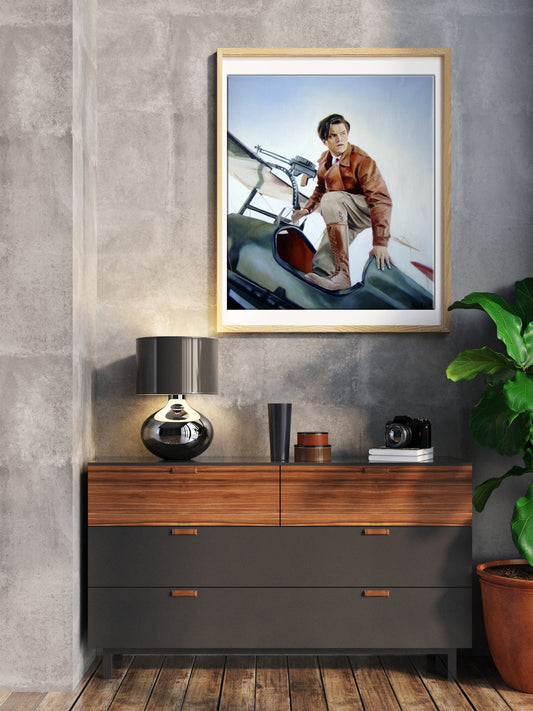 Framed caricature portrait of man in vintage aviator attire