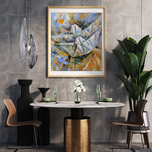 Abstract geometric painting of emotions in blue orange gray light wood frame