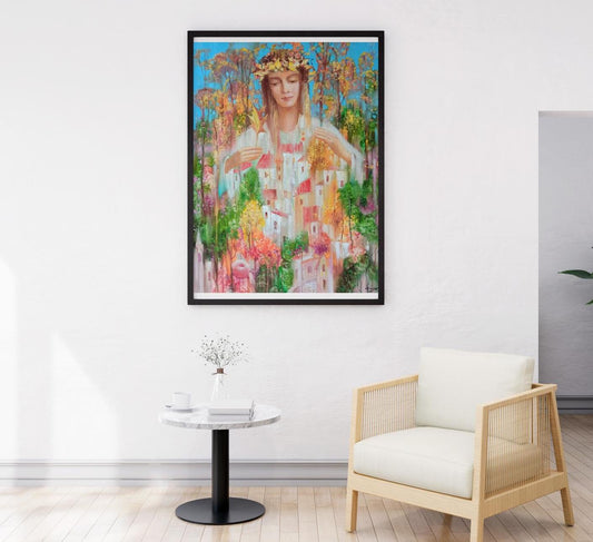 Framed oil painting of woman in floral crown amid colorful trees and houses