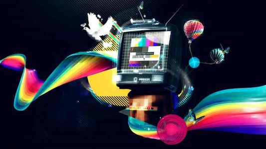 Vintage black TV with glowing test patterns, rainbow ribbons, surreal balloons