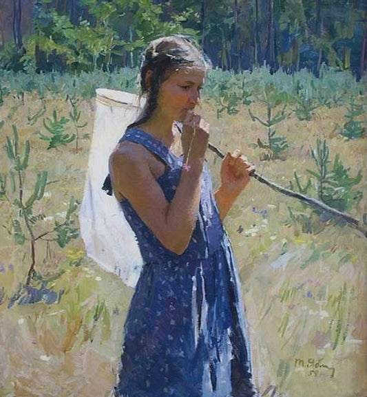 Young girl in blue dress with butterfly net in Tatyana Yablonskaya painting