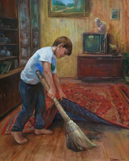 Vintage wooden broom with natural bristles beside ornate red rug in childhood art