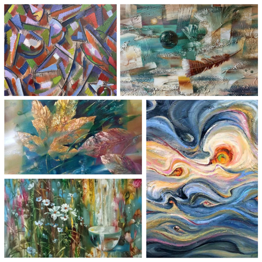 Abstract expressionist paintings with bold shapes and cosmic swirls