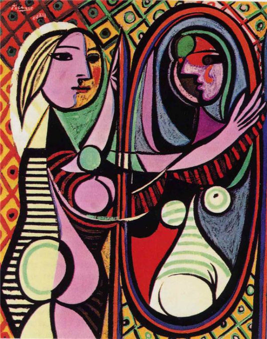 Vibrant abstract painting of geometric figures in Picasso blue period