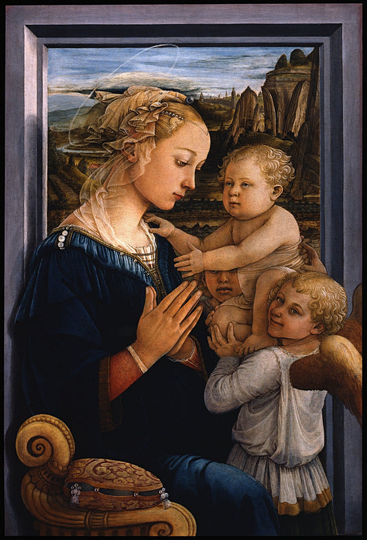 Renaissance Virgin Mary with Christ child and cherubs in blue gown