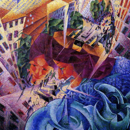 Futurist abstract painting of orange red faces amid swirling blue fragmented buildings