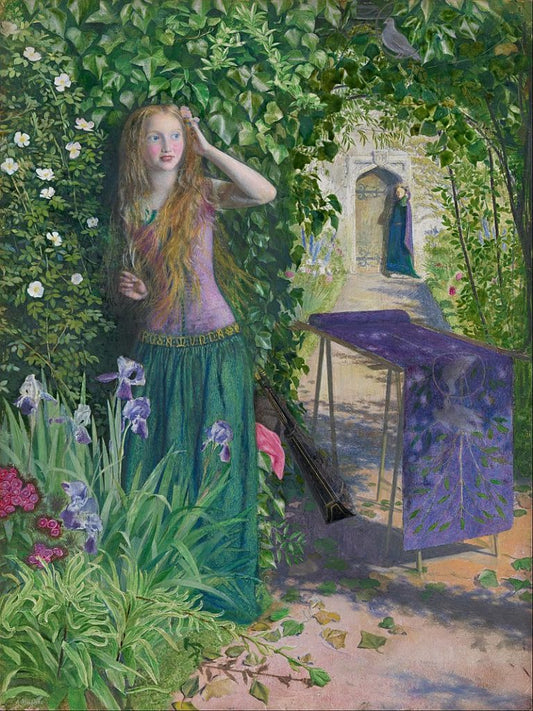 Purple Pre-Raphaelite fabric draped on wooden easel in garden