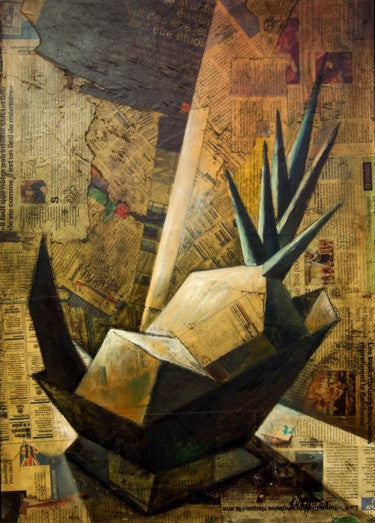 Dark angular sculpture with sharp spines on geometric base in Collage and Composition exhibit