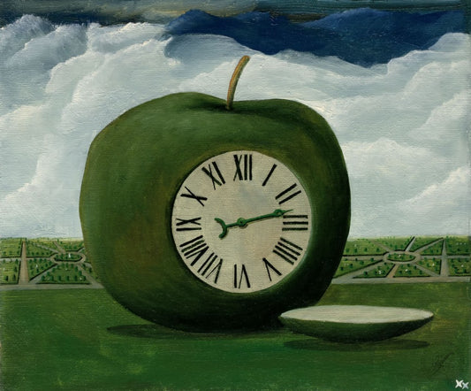 Green apple clock with Roman numerals on painted landscape canvas