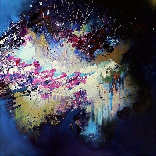 Vibrant abstract painting with pink, blue, white splashes on dark background
