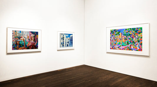 Vibrant geometric abstract painting in white frame from successful art collaboration