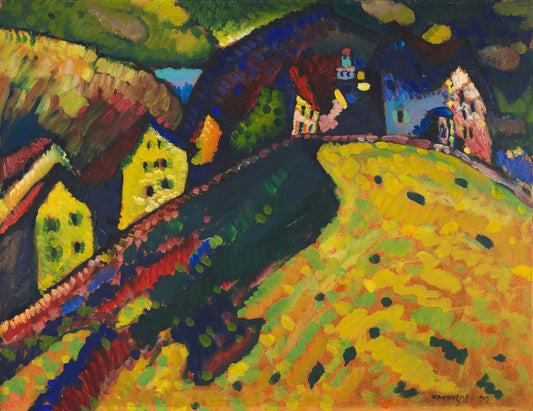 Vibrant expressionistic village painting on rolling hills in Artistic Secrets article