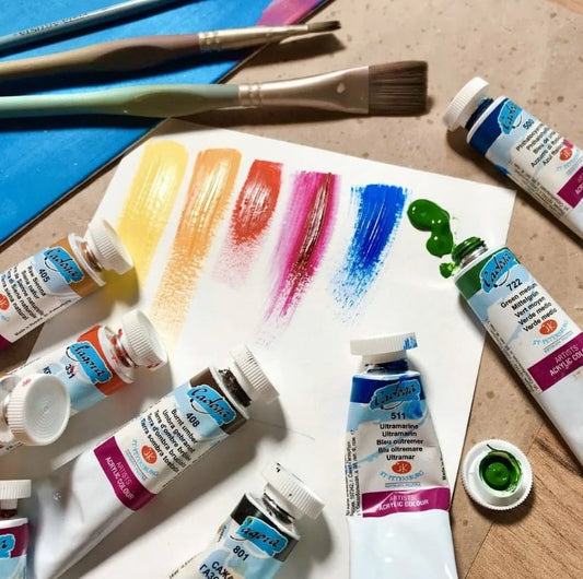 Candoa acrylic paint tubes in yellow, orange, red, pink, blue, green