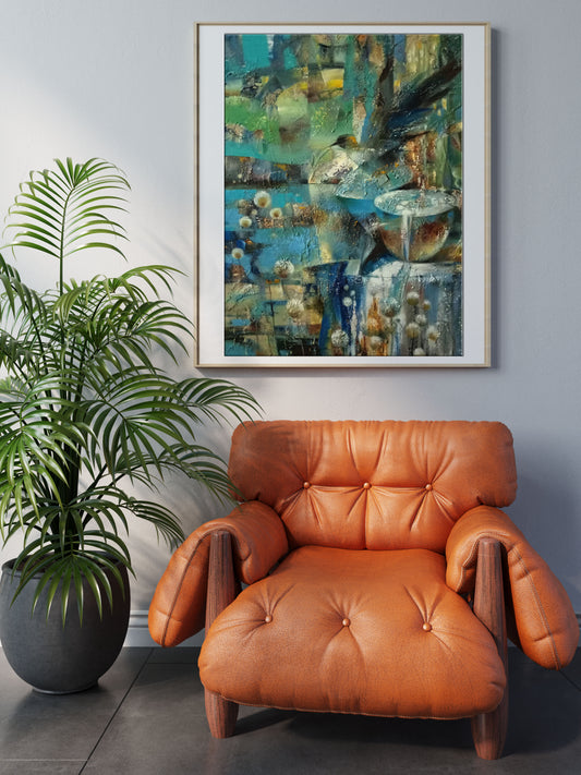 Tan leather tufted armchair with wooden arms in art decor