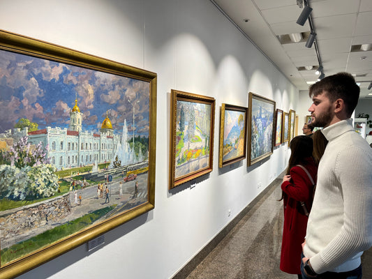 Golden-framed painting of Ukrainian grand white building with golden domes, 20th century art.