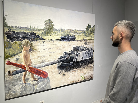Nude child holds cannon barrel amid wrecked vehicles in symbolic painting