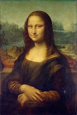 Mona Lisa by Leonardo da Vinci in dark blue embroidered garment