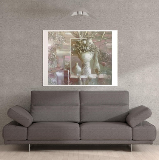 Gray textured sofa with sleek metal legs in abstract art setting