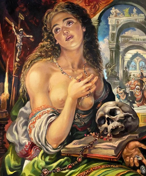 Woman in ornate green gown holds open book in storytelling painting
