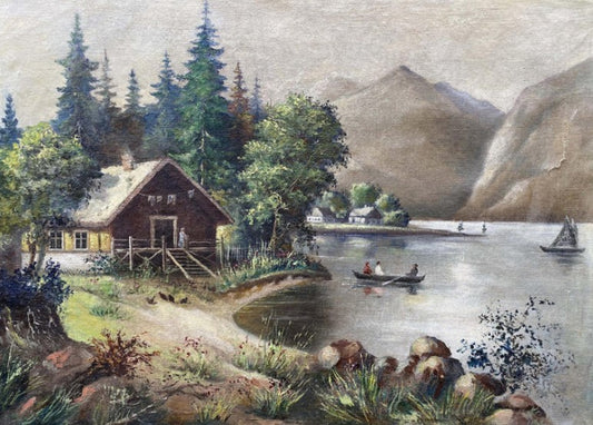 Rustic thatched cabin with yellow frames amid pines by lake, artistic myth scene