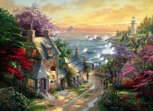 Symbolic stone cottage with slate roof glowing amid flowering trees on coastal path